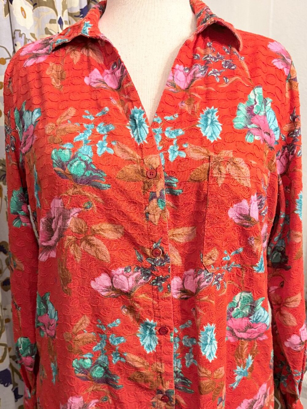 Bright Tomato-ish Red Floral Textured Blouse Button Front Retro Boho 90s Sz L-XL